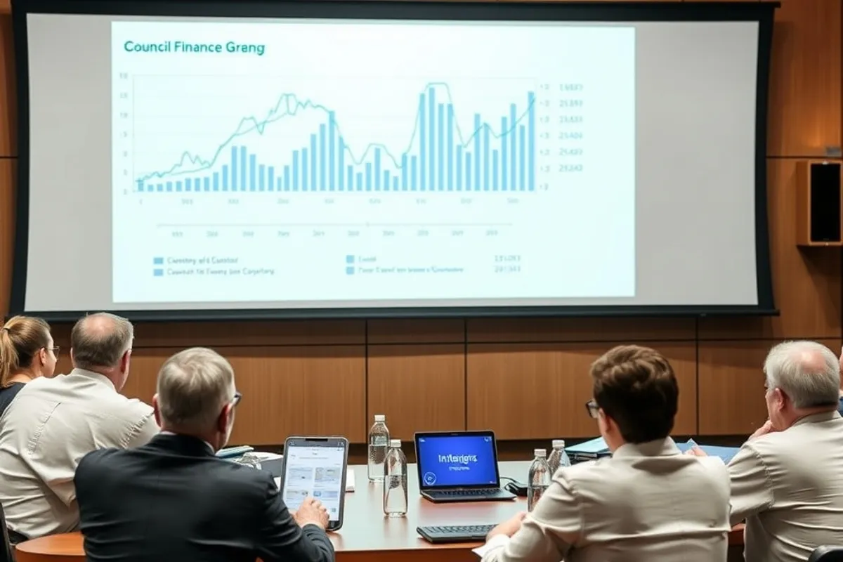 council finance meeting with charts projected on a screen