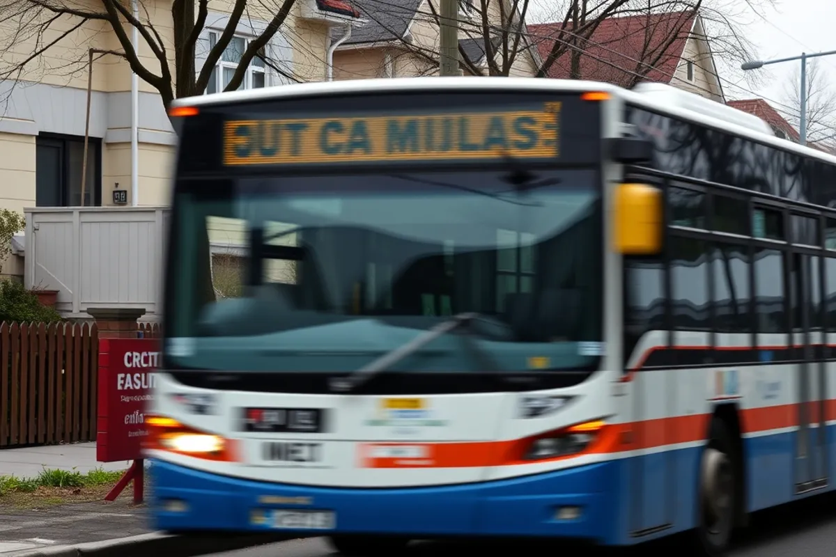 bus passing a stop in a residential neighbourhood
