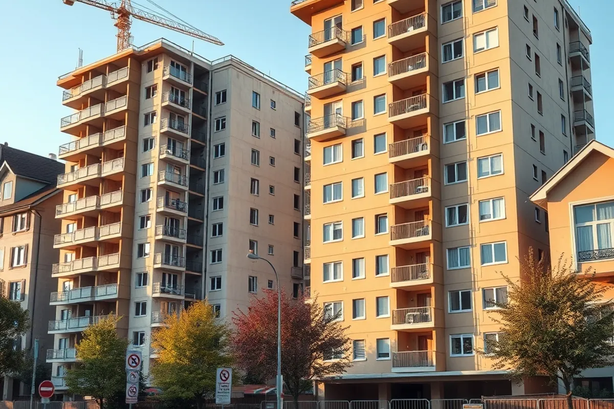 new apartment buildings under construction beside older houses