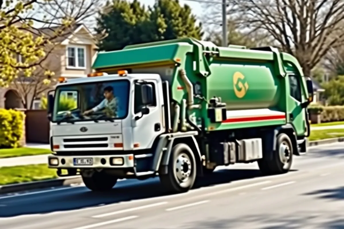 waste collection truck working on a suburban street