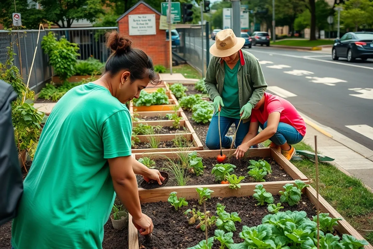 volunteers planting vegetables in a community garden on a city corner