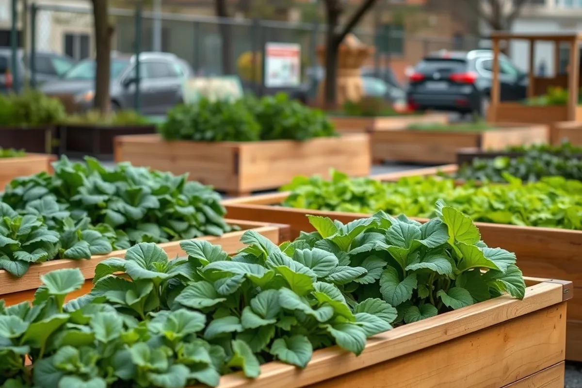 raised wooden garden beds filled with leafy greens in an urban lot