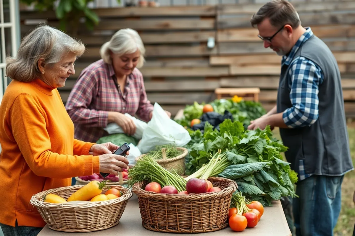neighbours sharing harvested vegetables at a folding table