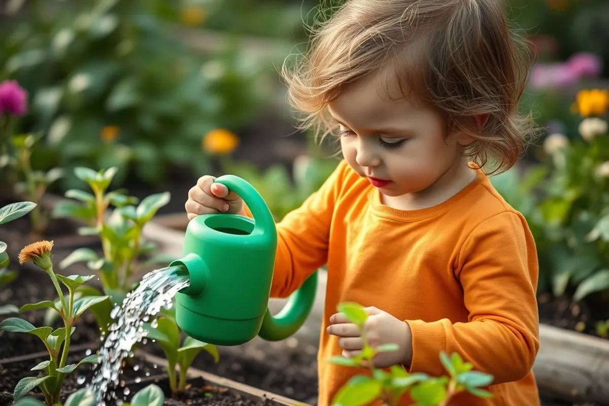 a child watering plants with a green watering can in a garden