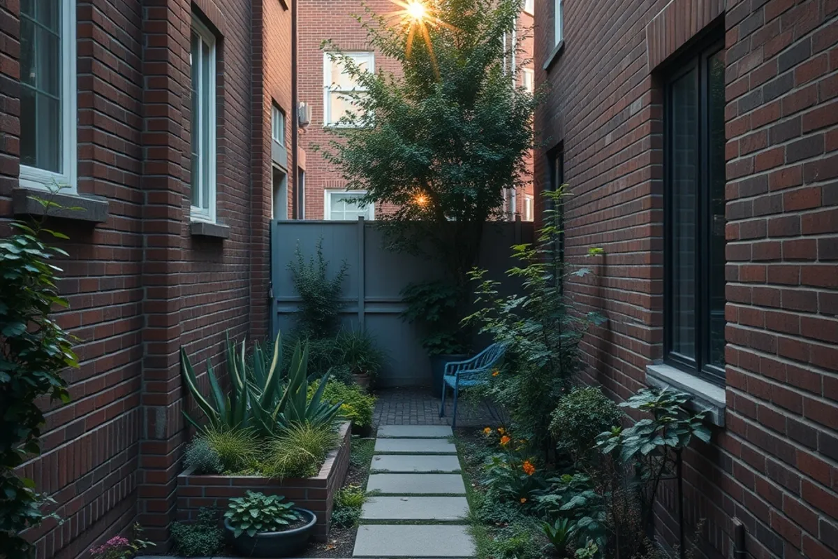 evening light over a small urban garden between brick buildings