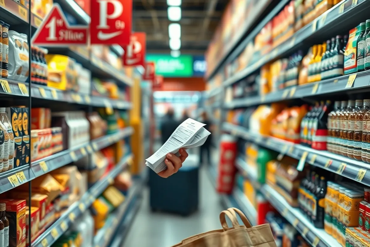 shopper looking at a receipt in a supermarket aisle