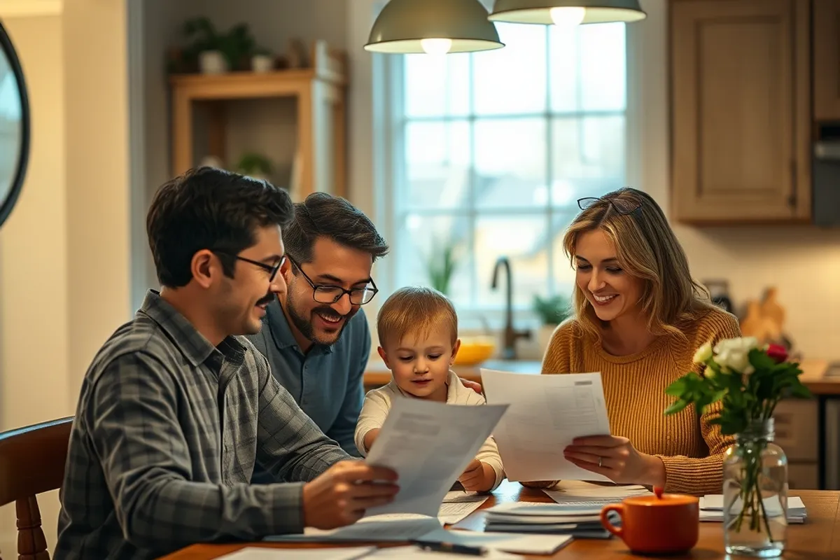 family reviewing bills at a kitchen table in the evening