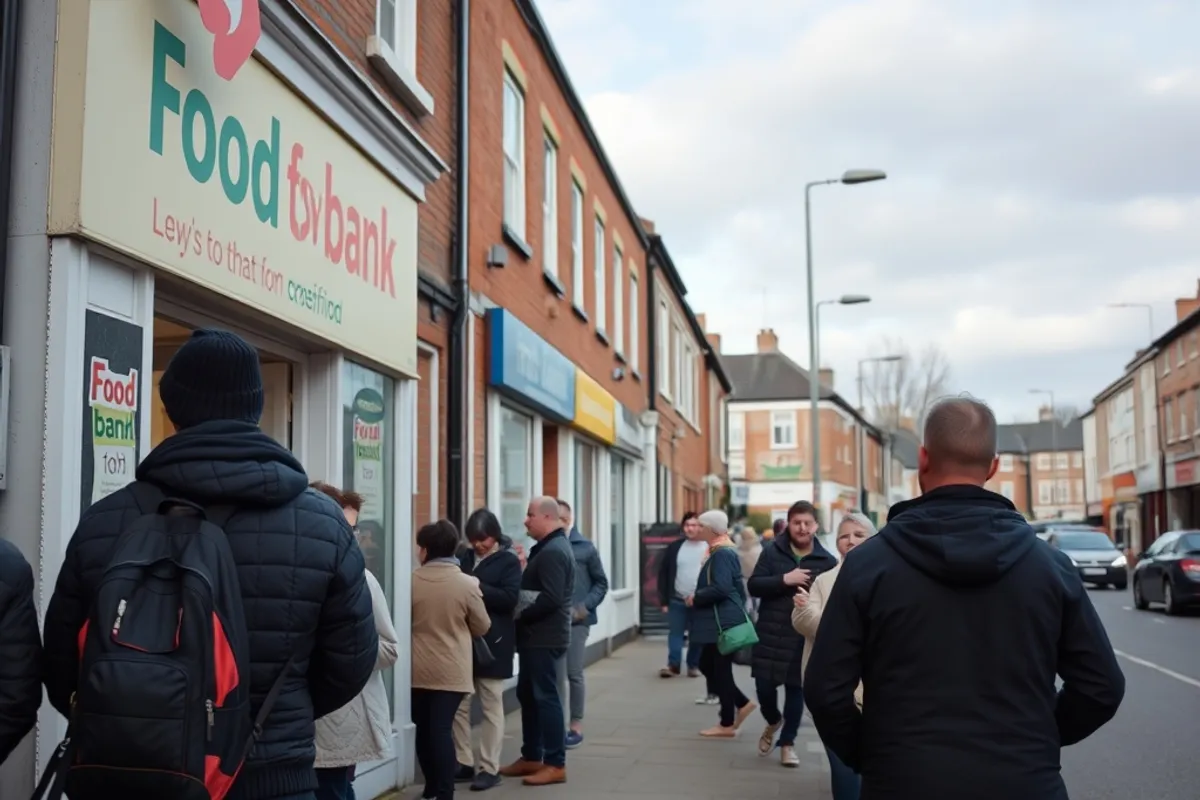 queue outside a food bank on a quiet street