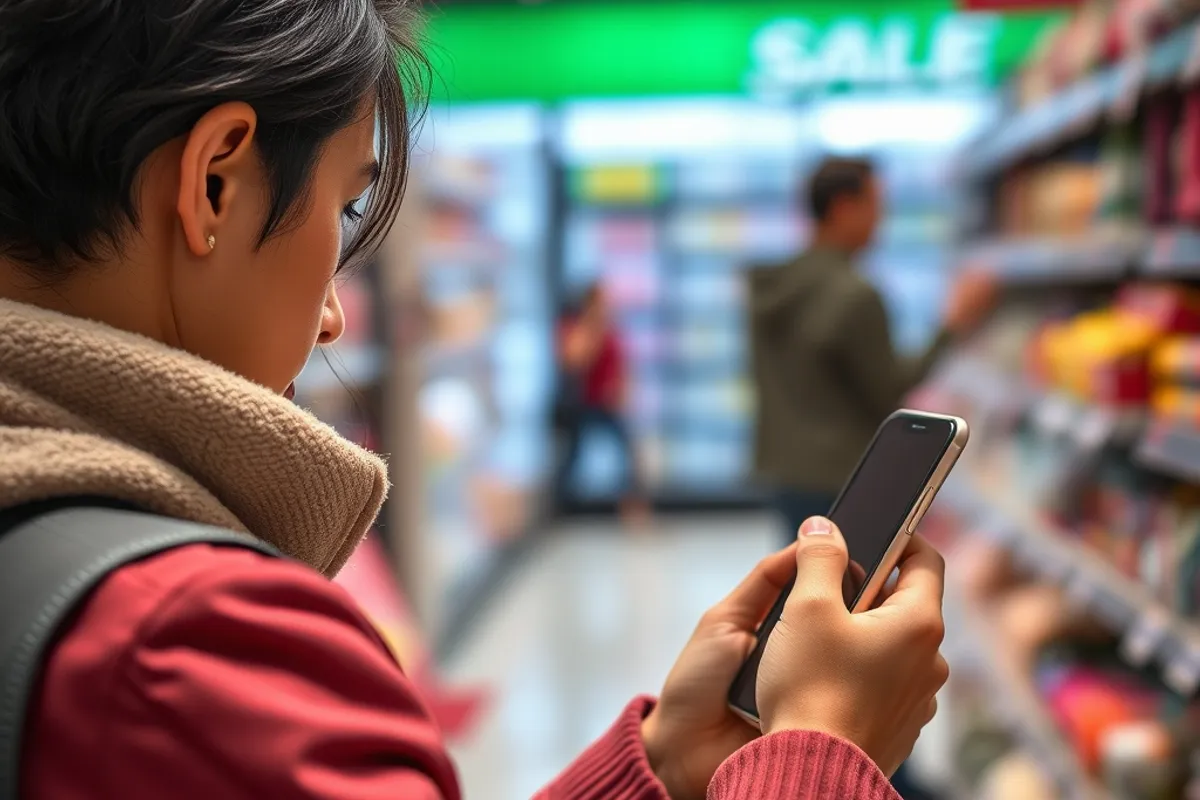 person comparing prices on a phone while shopping