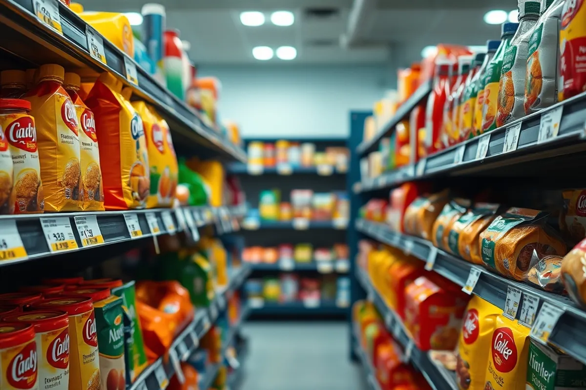 supermarket shelf with price tags on staple food items