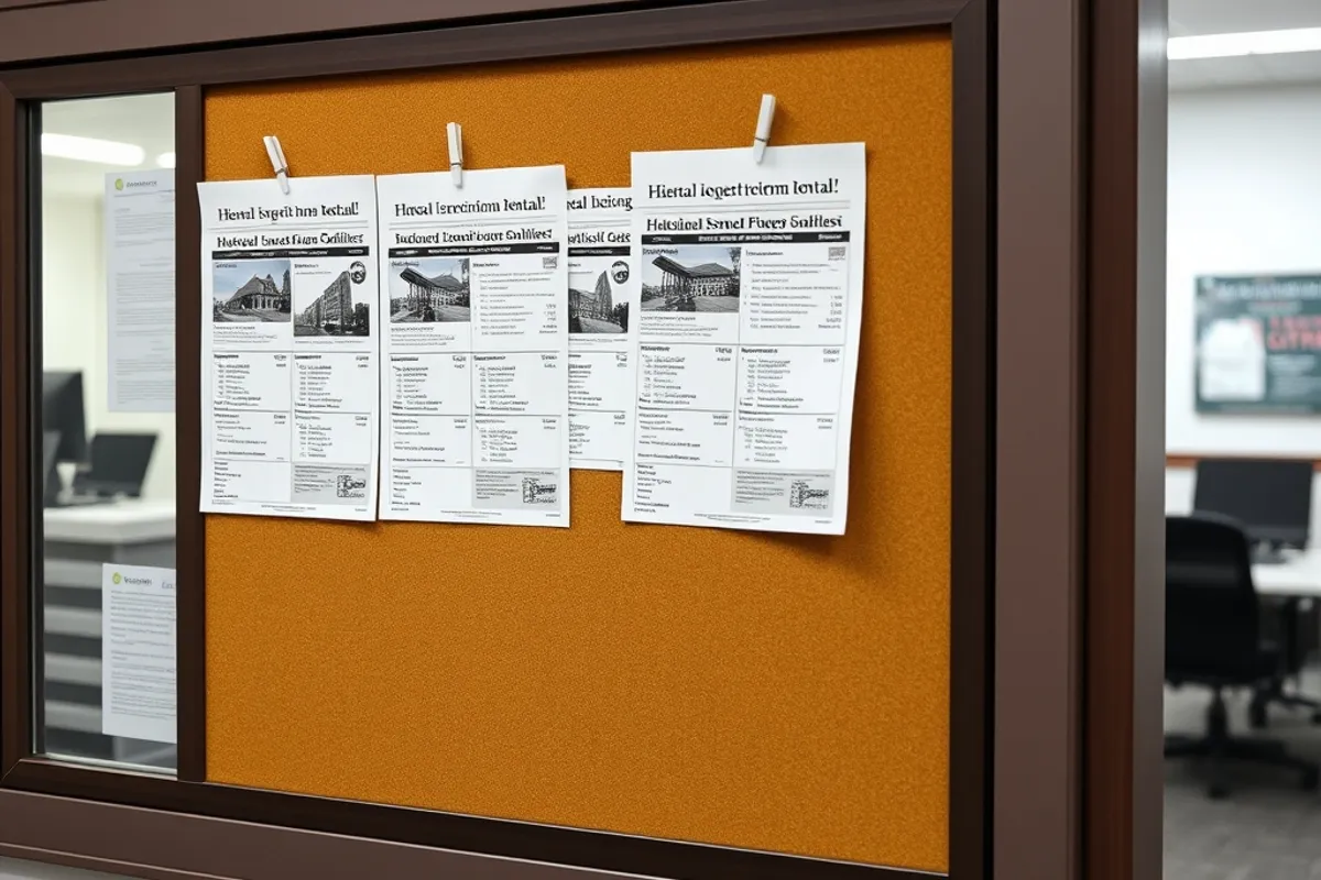 rental listing printouts pinned to a noticeboard in a city office