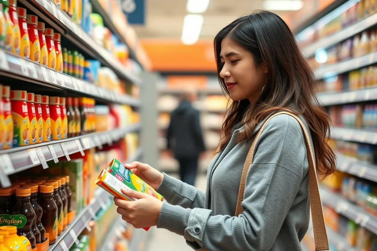shopper comparing two similar products in a grocery aisle