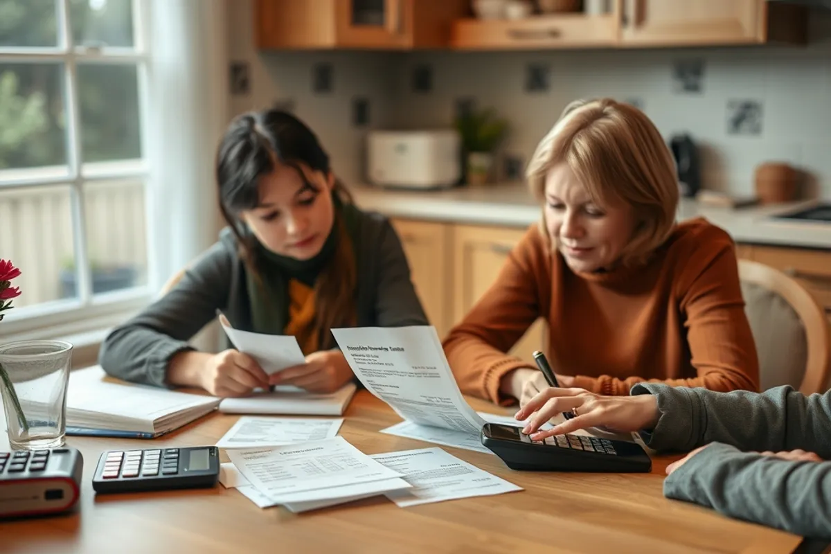 family budgeting at a kitchen table with receipts and a calculator