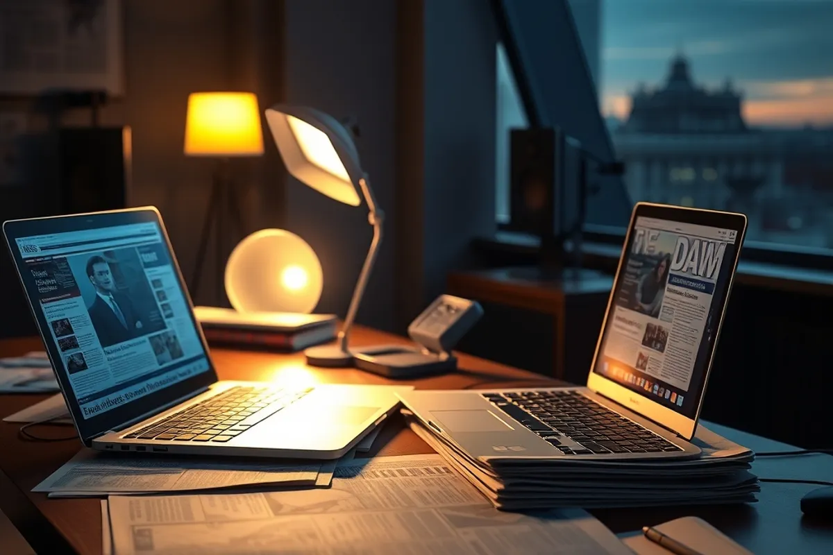 newsroom desk at dawn with newspapers and a laptop showing headlines