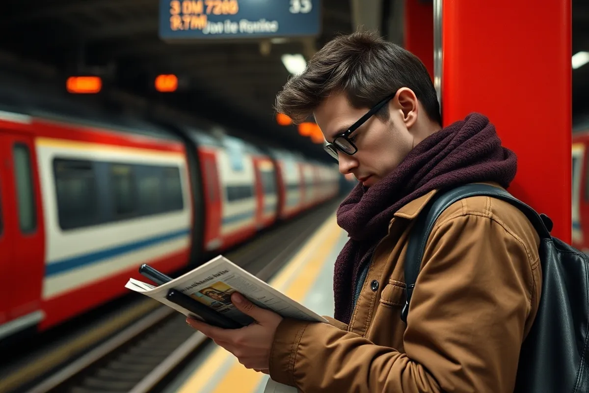 commuter reading news on a phone at a train station platform