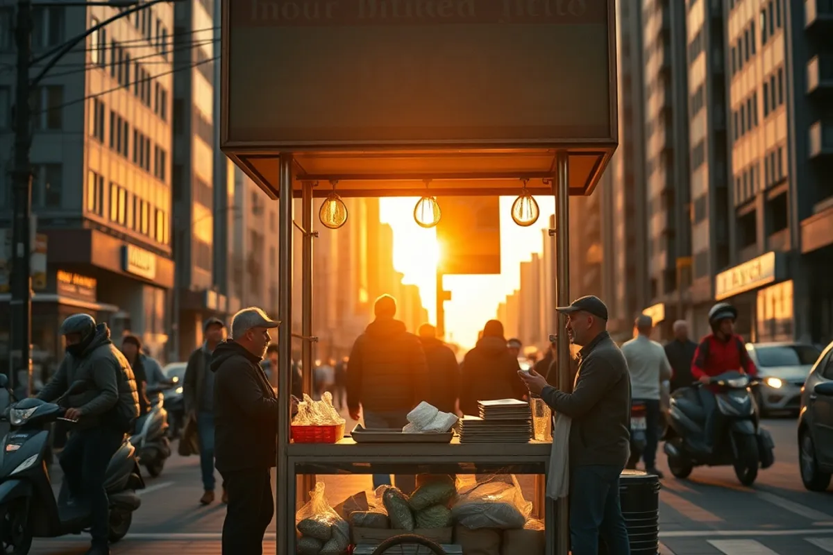 street vendor opening a kiosk at sunrise in a busy city