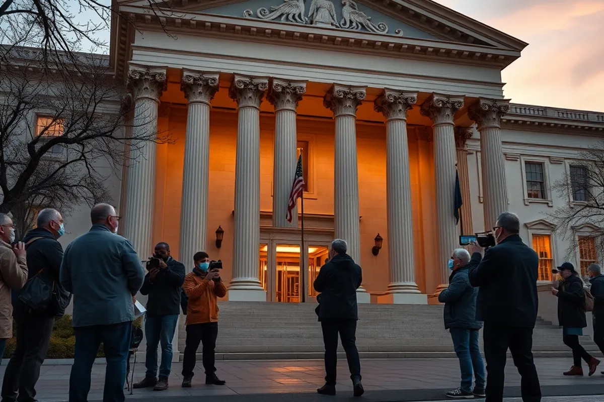 government building entrance with reporters waiting at dawn