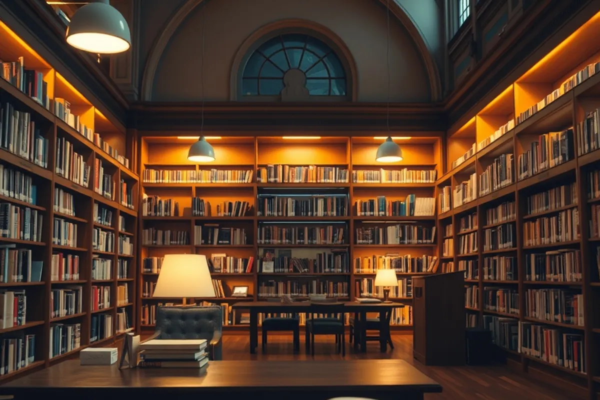 warmly lit public library reading room in the evening