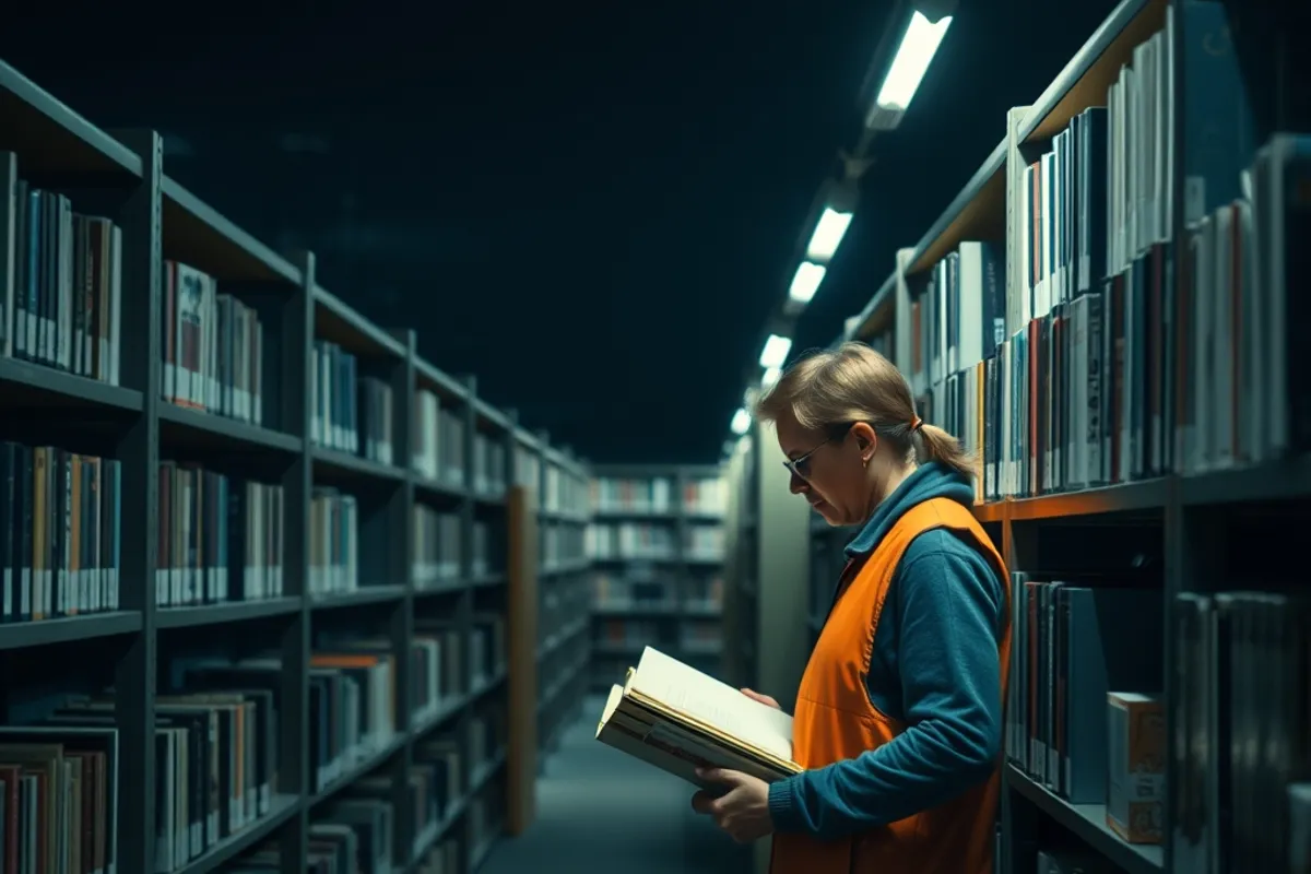 volunteer shelving books in a quiet library after dark