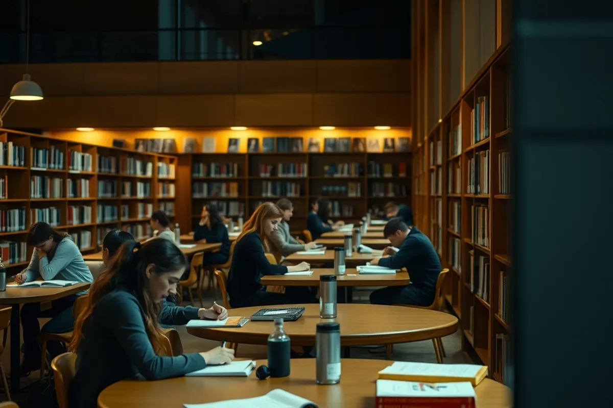 students studying at tables in a library at night
