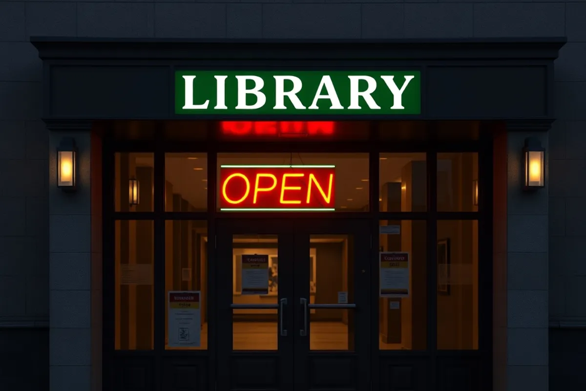library front door with an open sign lit after sunset
