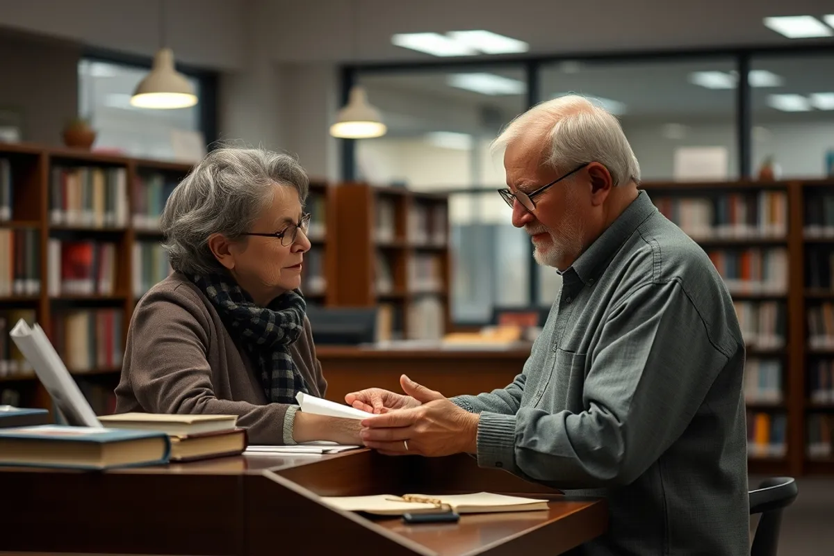 librarian helping an older visitor at a desk in the evening