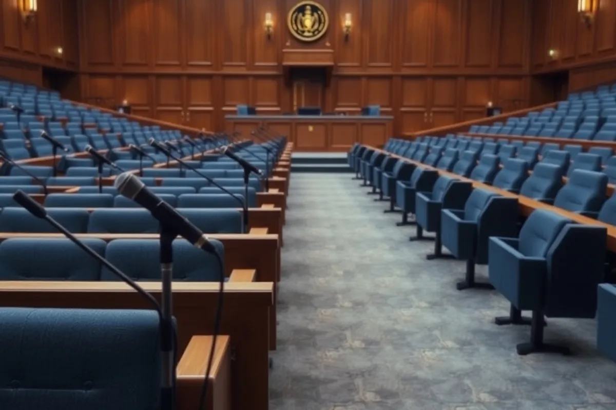empty council chamber with rows of seats and microphones