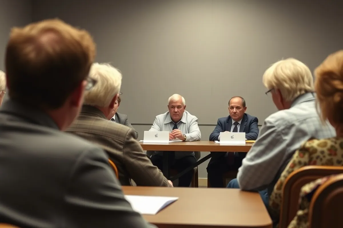 public meeting with residents seated facing a committee table