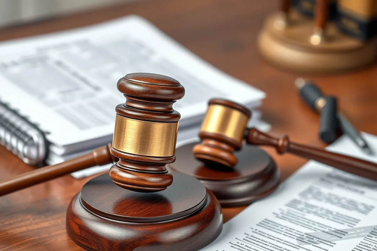 official documents and a gavel on a wooden desk