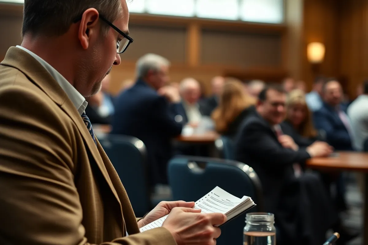 journalist taking notes at a local government meeting