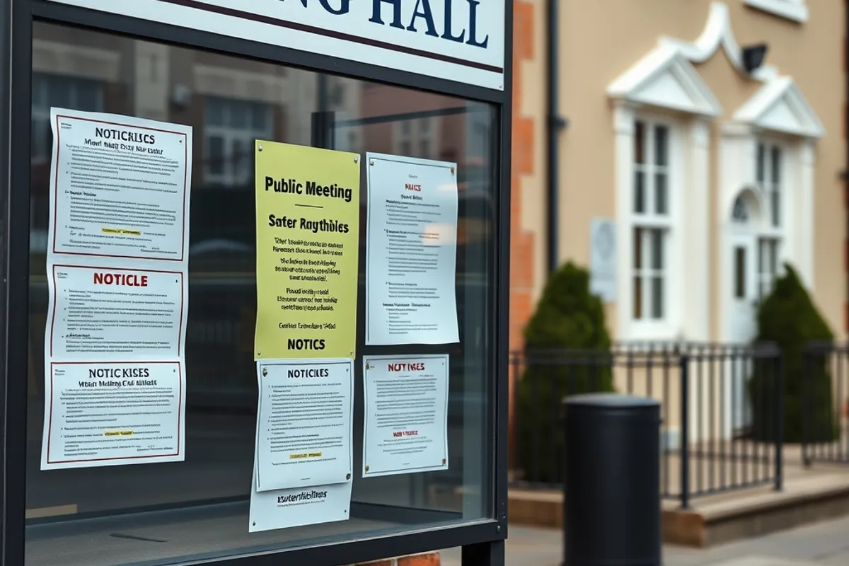 notice board outside a town hall displaying public meeting notices