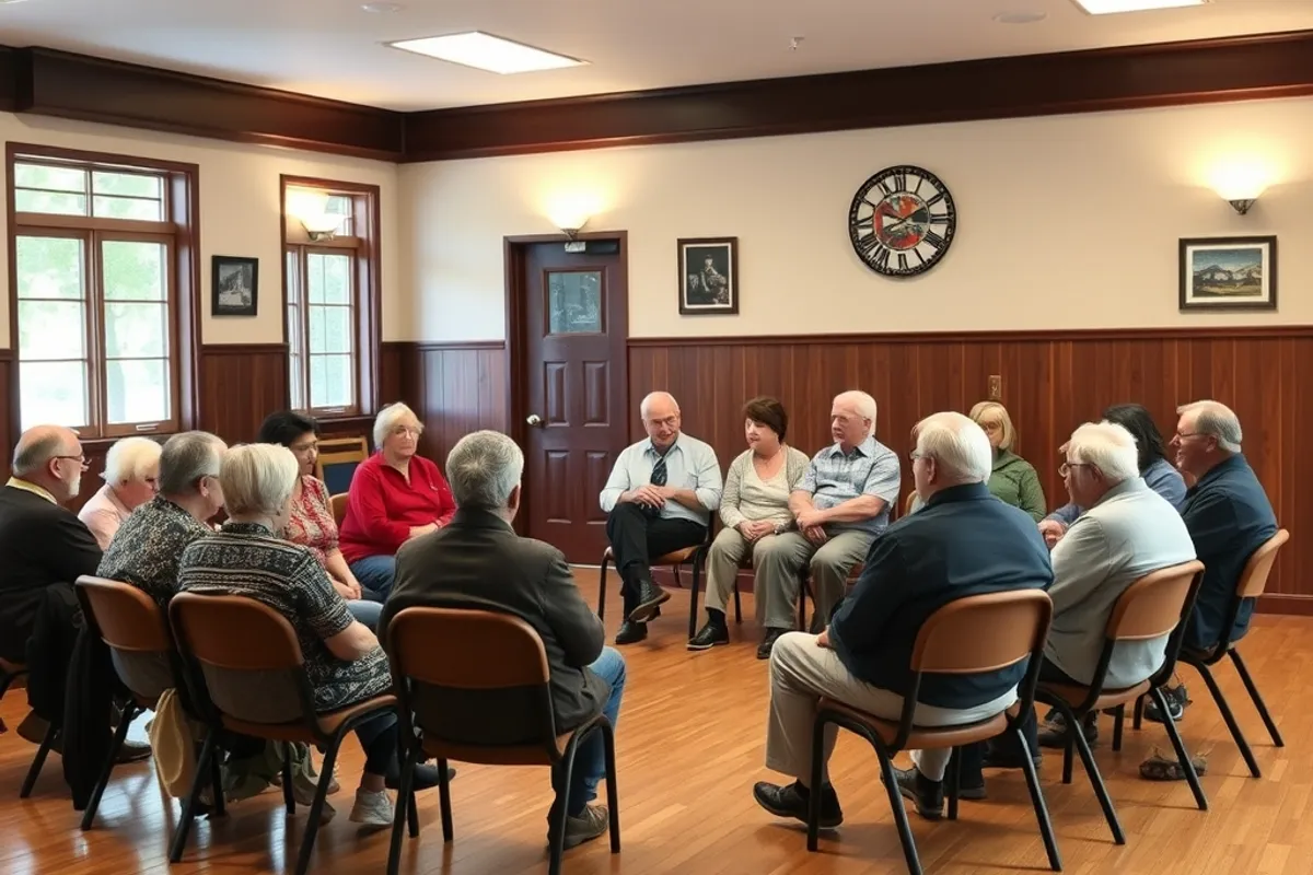 group discussion in a community hall with residents seated in a circle