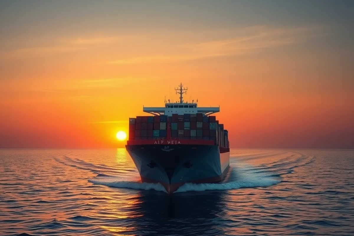 container ship sailing through open water at sunset