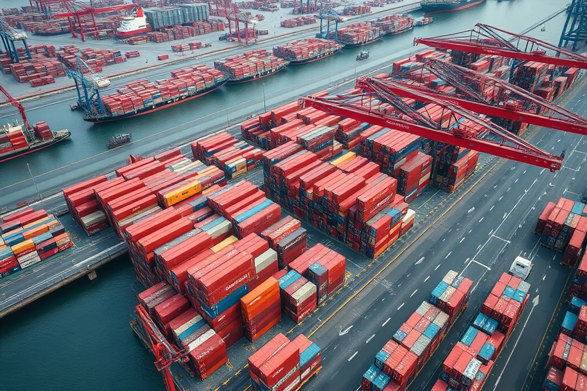 aerial view of a busy container port with stacked shipping containers