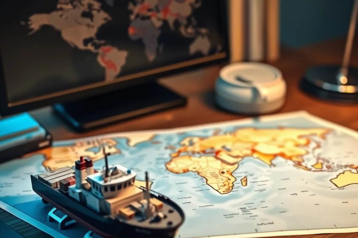 map of global shipping routes on a desk beside a model cargo ship