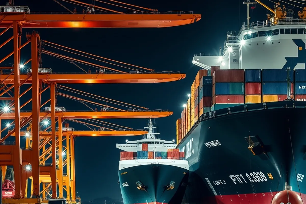 cranes loading containers onto a vessel at a Mediterranean port