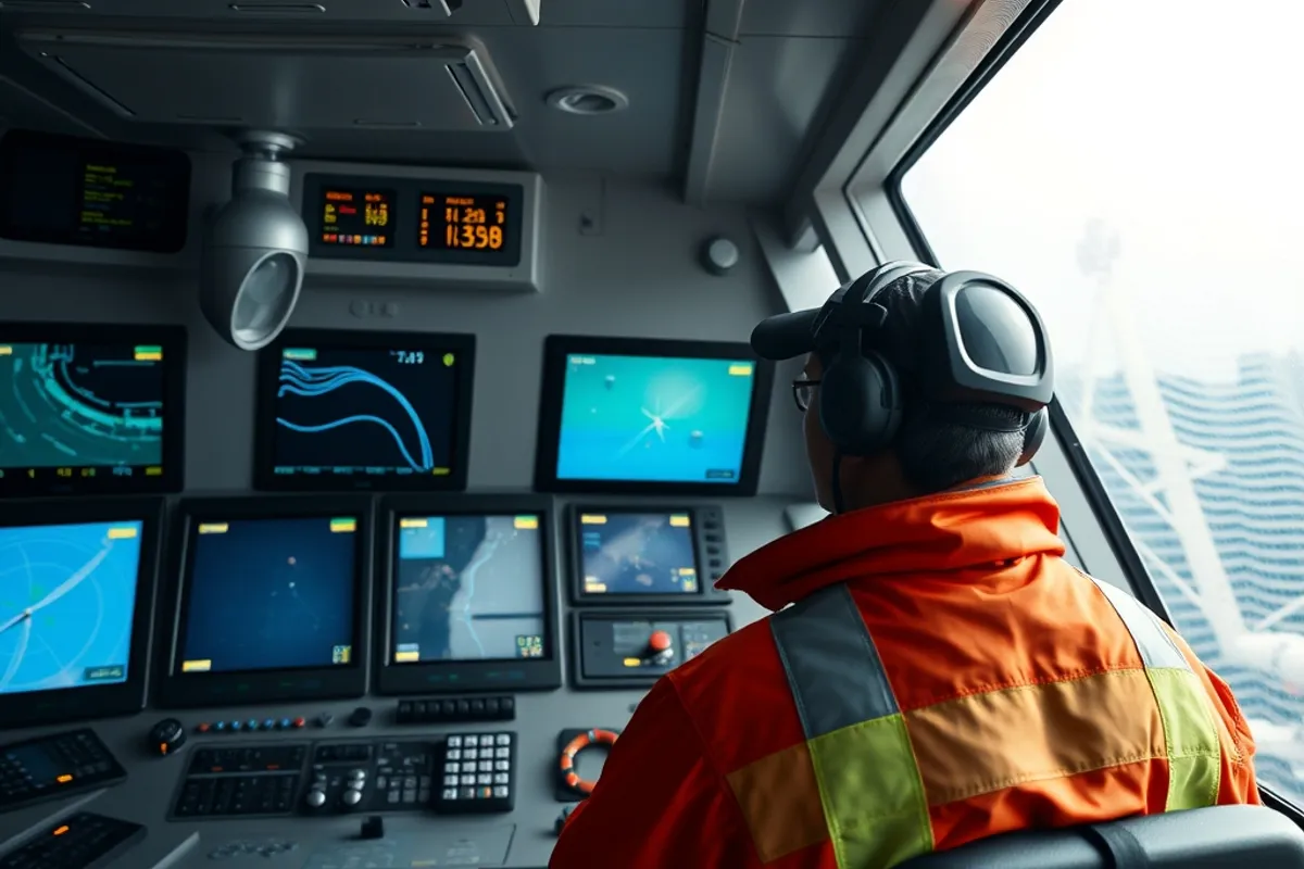 crew on the bridge of a cargo ship looking at navigation screens