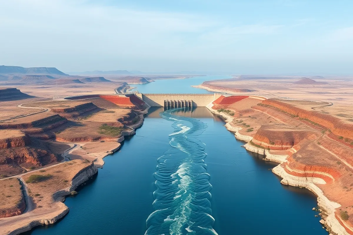 wide river flowing between two countries with a distant dam