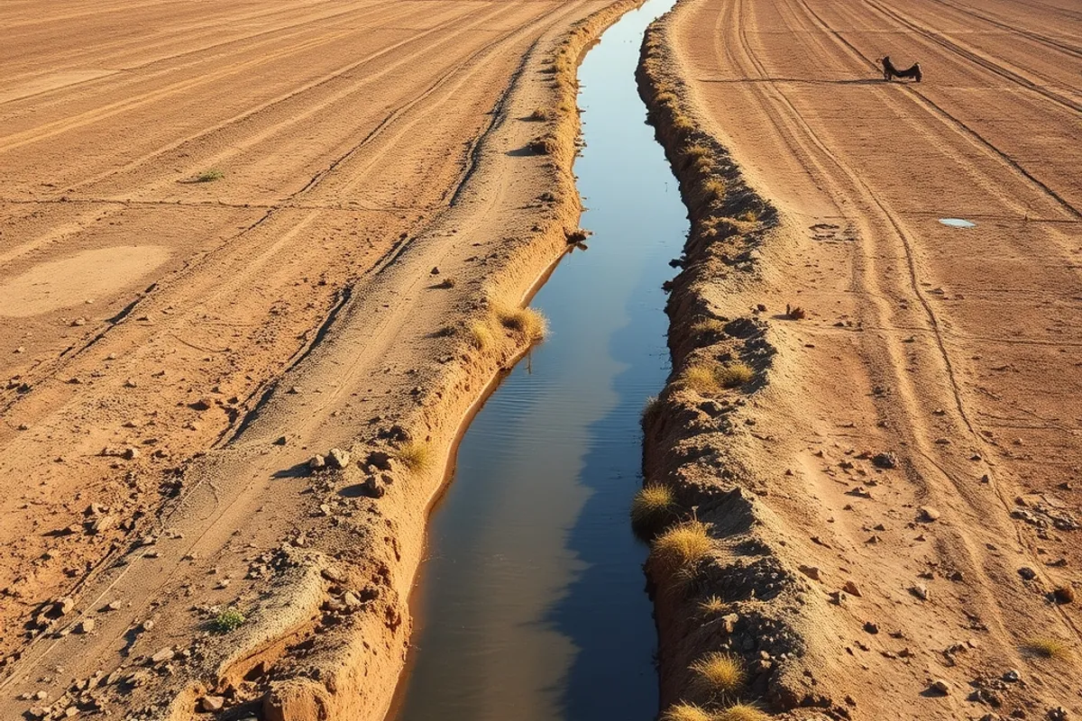 irrigation channel carrying water across dry farmland