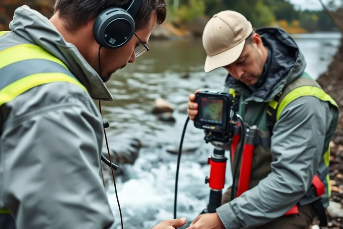 hydrologist measuring water flow with equipment at a riverbank