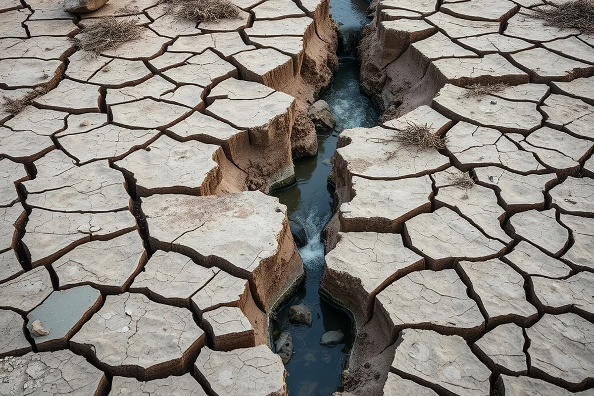 dry riverbed with cracked earth and a small remaining stream